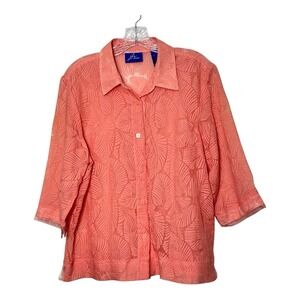 JH Collectibles Pink Burnout Floral Scroll 3/4 Sleeves‎ Button Up Top Size L